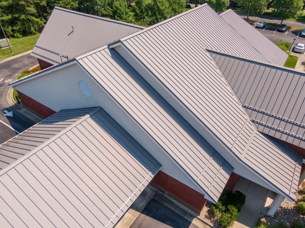 drone photo of a standing seam metal roof